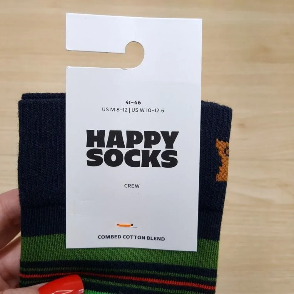 HAPPY SOCKS Crew Socks Black Green Stripe Combed Cotton Unisex M 8-12 W 10-12.5
